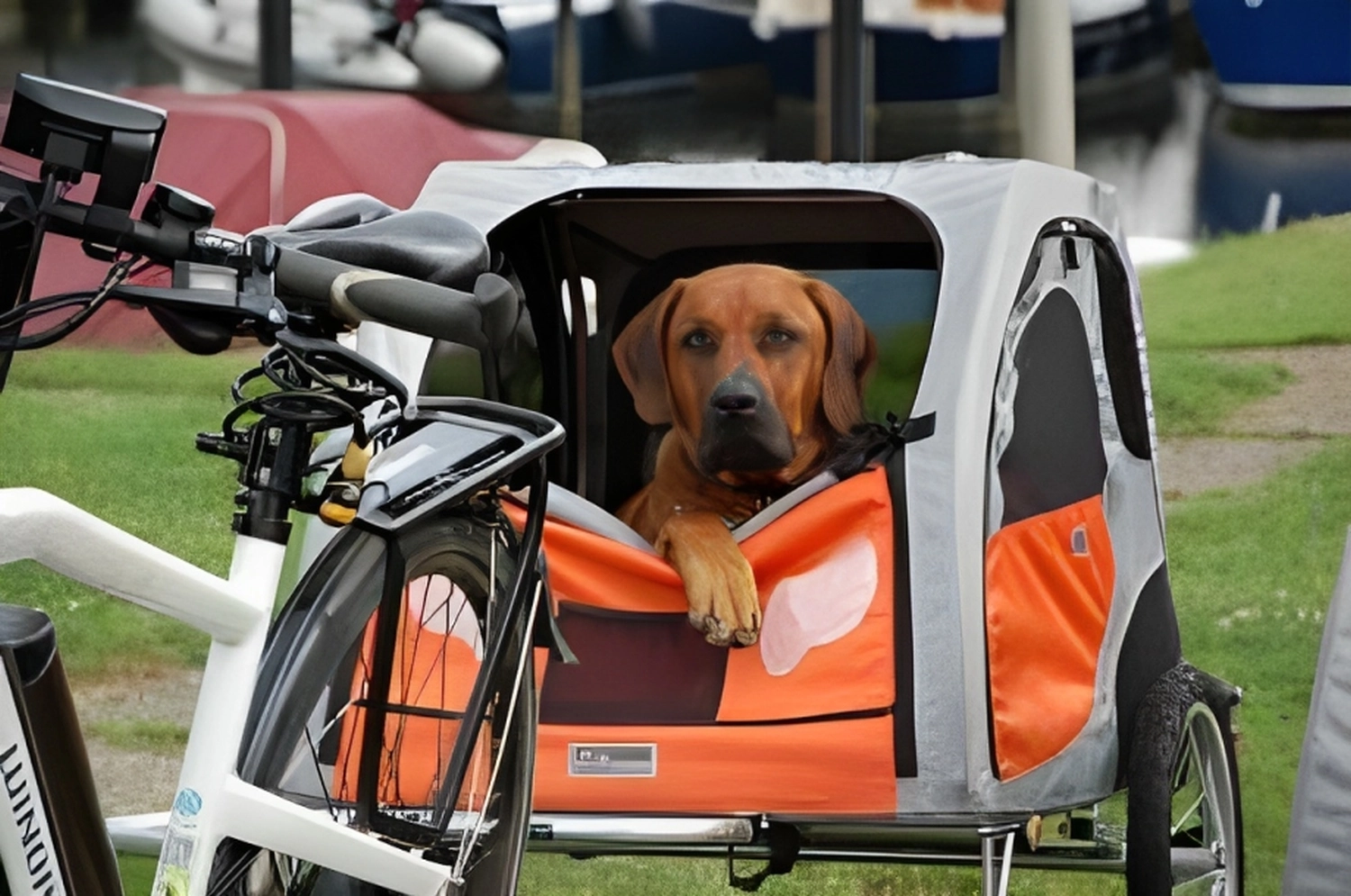 Hund schaut aus dem großen Hundeanhänger